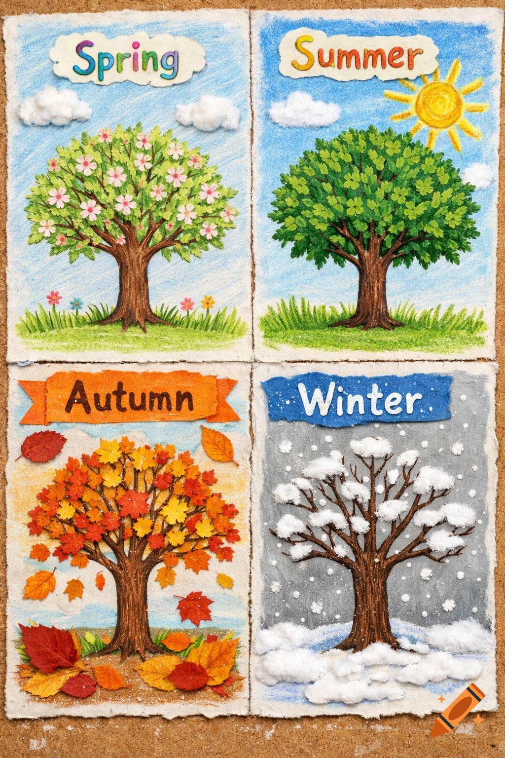 A colorful handmade collage depicting the four seasons. Each quarter features a tree and relevant seasonal elements with the season's name.