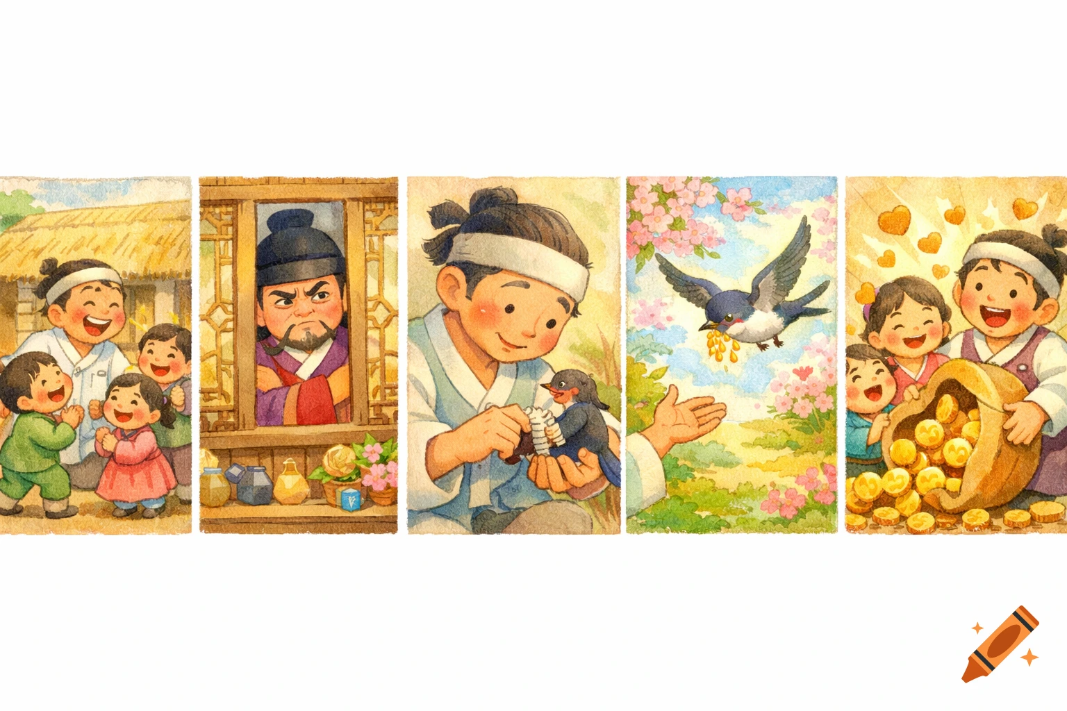 A five-panel watercolor illustration comic strip depicting a Korean folktale. It shows Heungbu and his children, angry Nolbu, Heungbu caring for a swallow, the swallow bringing a gourd seed, and Heungbu's family finding gold coins in a gourd.