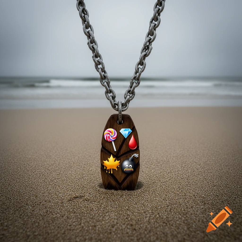 A dark wooden necklace with a lollipop, diamond, blood drop, maple leaf, and bomb emoji, on a sandy beach with ocean and cloudy sky.