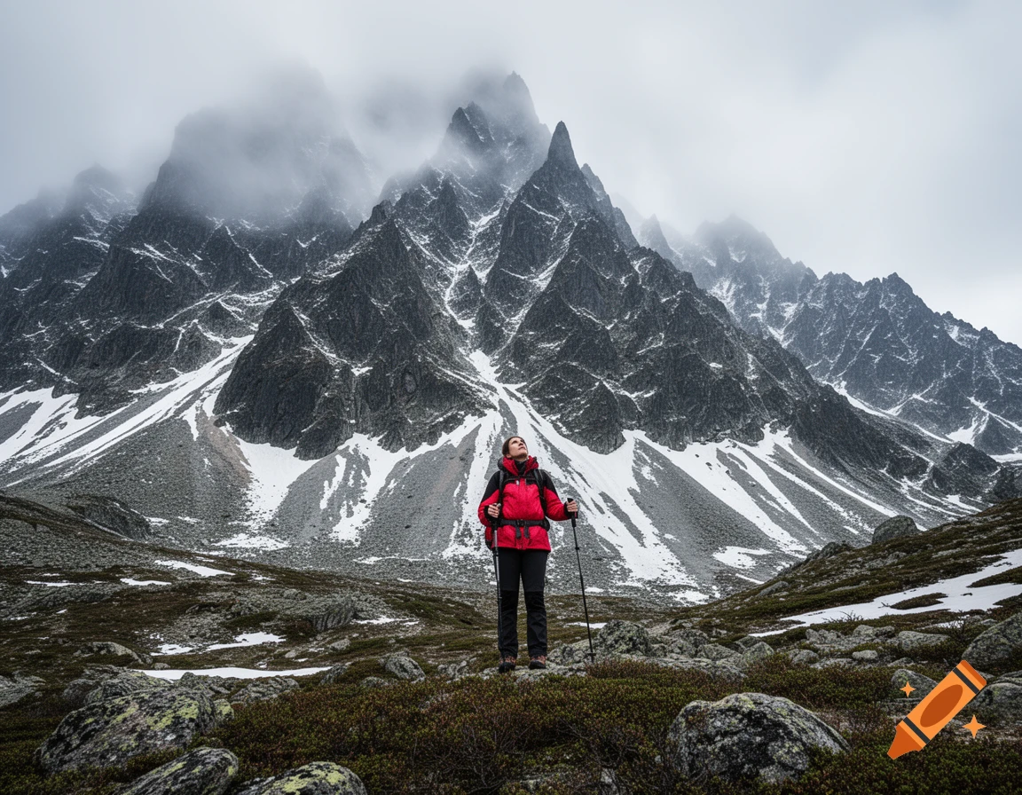 A lone hiker in a red jacket stands in a snowy mountain valley, looking up at jagged, cloud-covered peaks. Photorealistic.