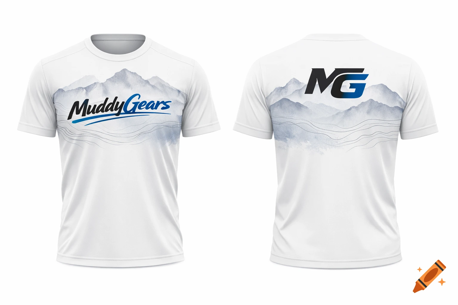 Front and back view of a white running t-shirt with a blue and black 'MuddyGears' logo on the front, an 'MG' logo on the back, and a faded mountain and contour line design.