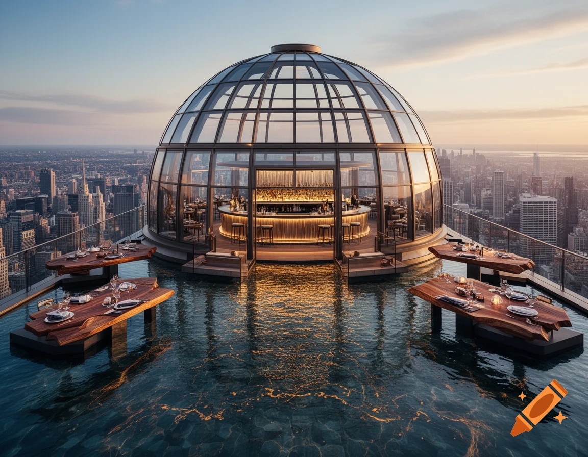 A luxurious rooftop bar with a glass dome and floating dining tables in a shallow pool, overlooking a city skyline at sunset.