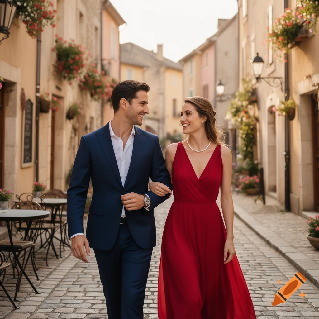 A smiling couple in formal attire walks arm-in-arm down a cobblestone street in a charming old European town at sunset.
