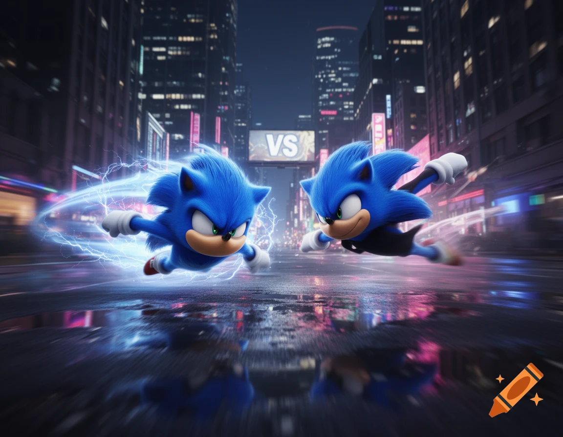 Two photorealistic Sonic characters speed towards each other with electric auras on a wet city street at night, with a 'VS' sign in the background.