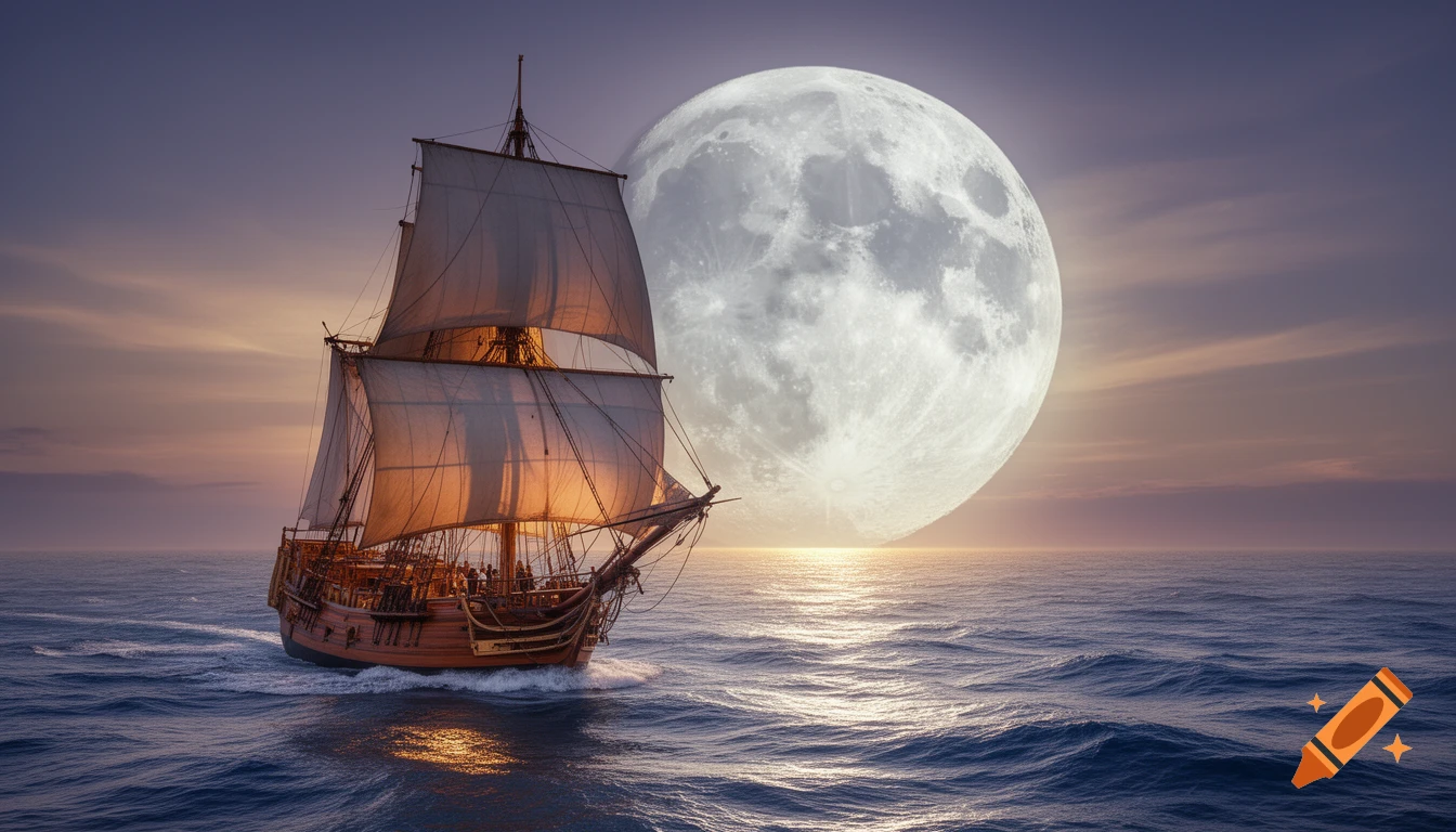 Photorealistic 1800s boat sailing on a moonlit ocean toward a huge moon on the horizon.