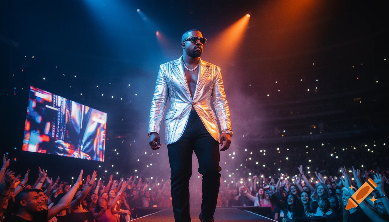 Kanye West performing on stage at a concert, lit by spotlights, with a large cheering crowd holding up phones.