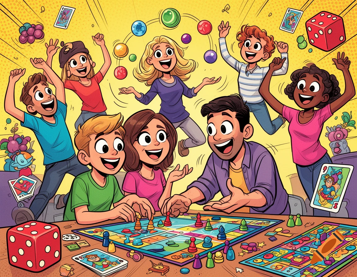A vibrant cartoon illustration of a diverse group of happy adults and children playing board games with dice and cards on a table, with some characters jumping in excitement.