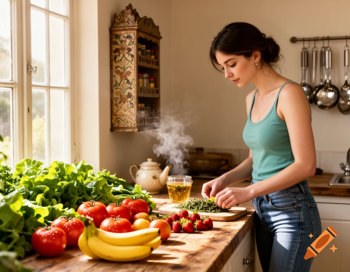 A woman in a kitchen chops herbs on a wooden counter with fresh tomatoes, bananas, strawberries, and leafy greens. A teapot steams nearby.