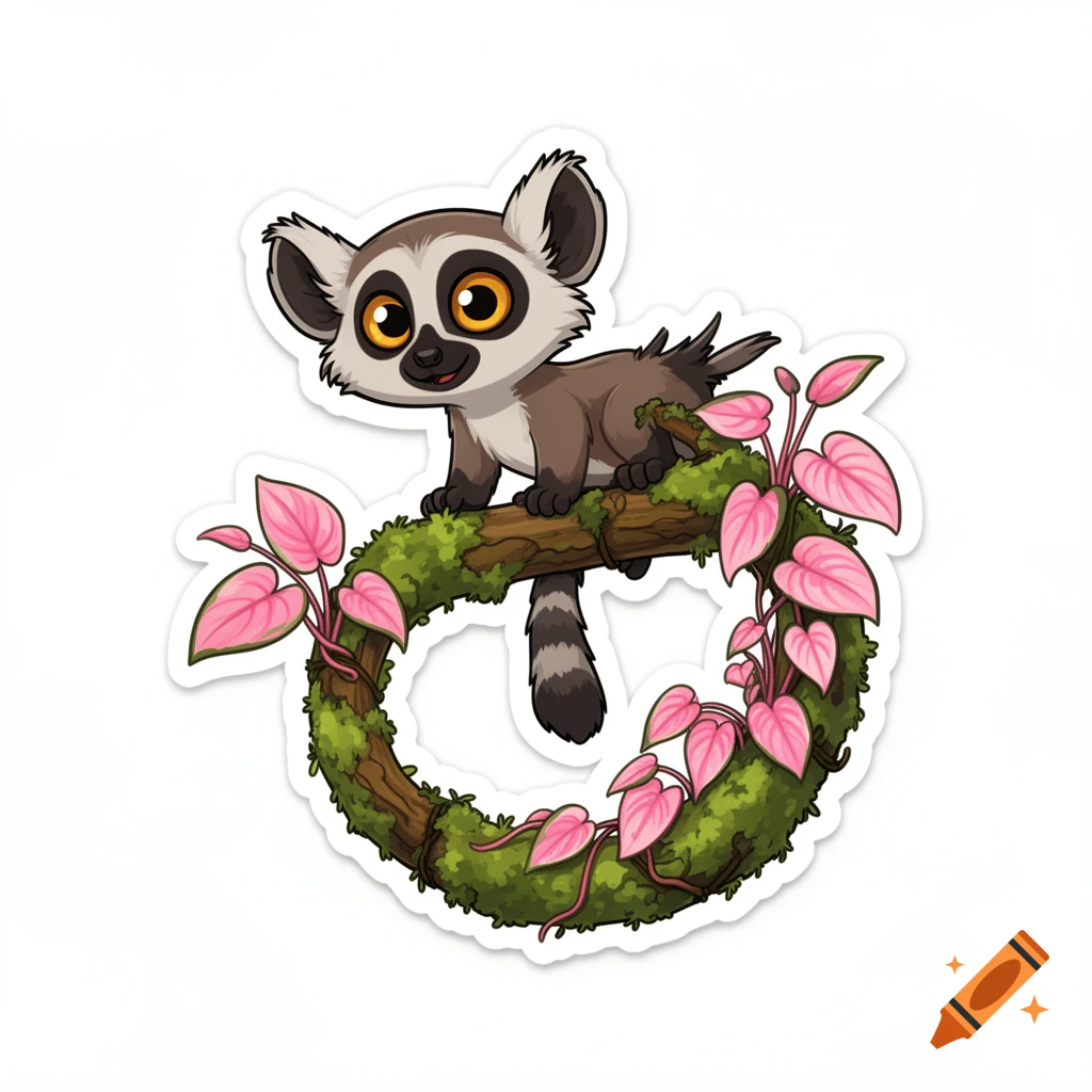 Sticker-style cartoon lemur with big eyes sitting on a mossy, circular branch adorned with pink leaves.