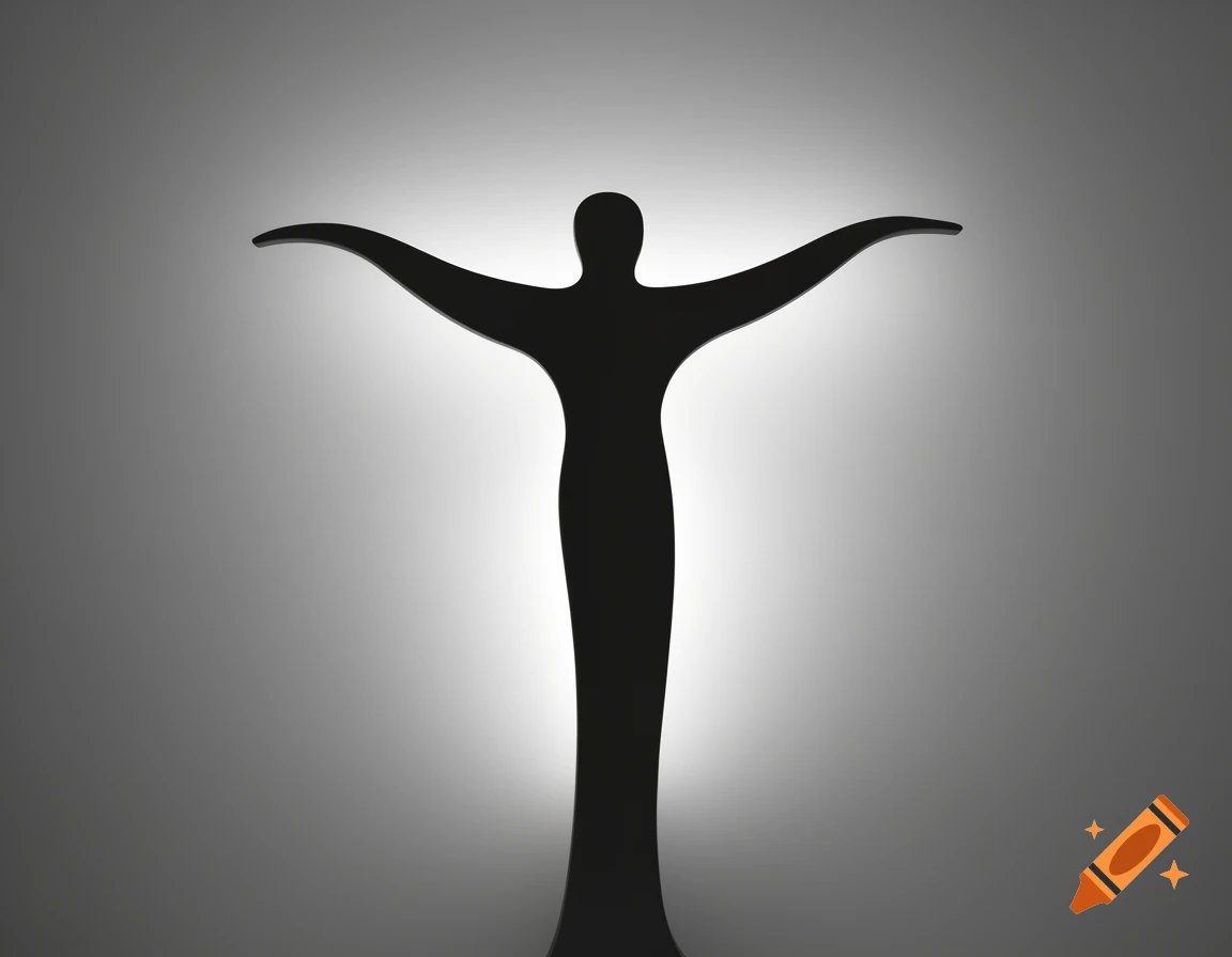 A black silhouette of a person with outstretched arms against a bright white light in the center of a gray gradient background.