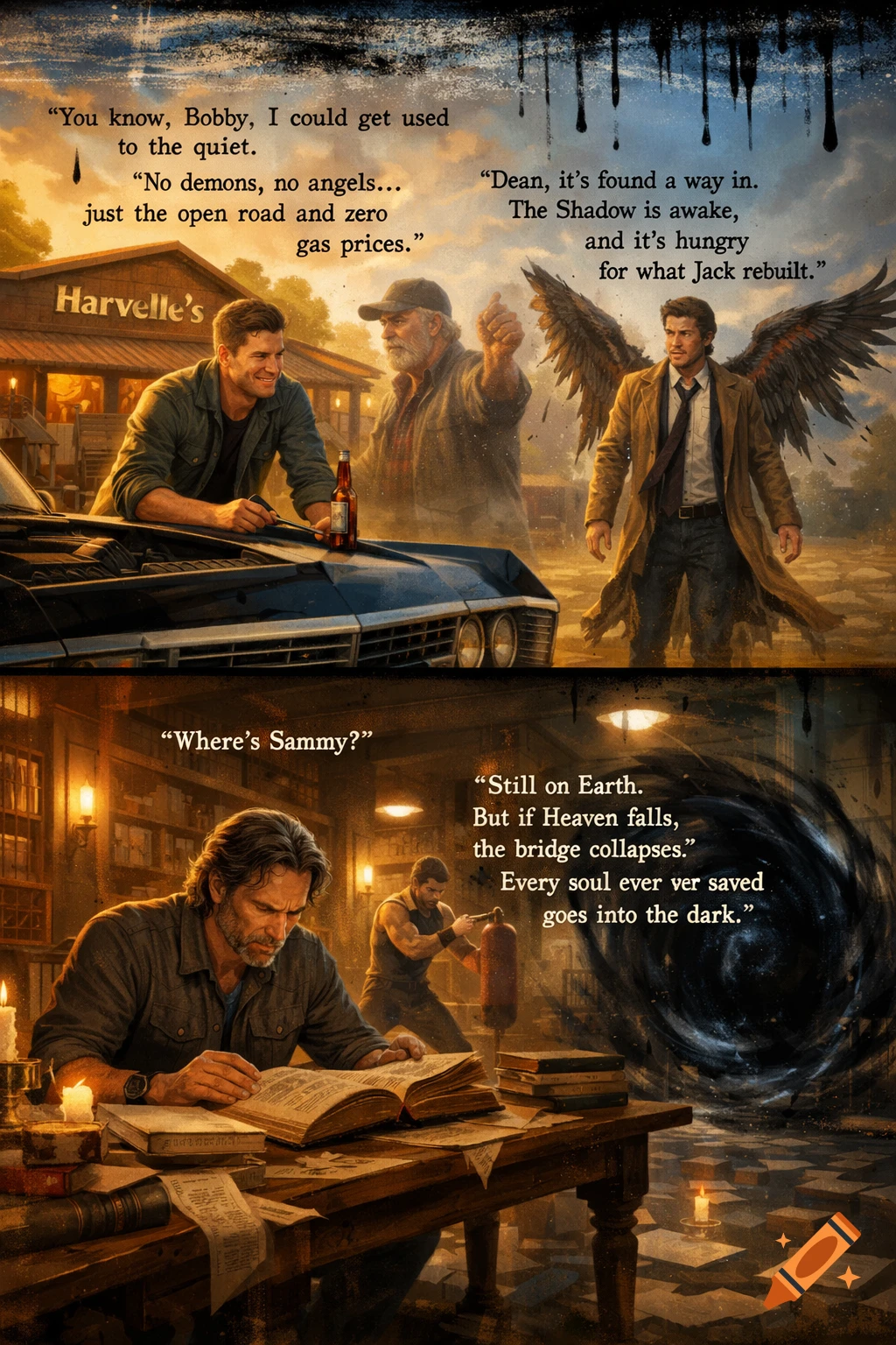 Comic-style art for Supernatural Season 16, featuring Dean, Bobby, and Castiel with wings in a celestial Harvelle's Roadhouse, and an older Sam reading in a library with a dark void forming.