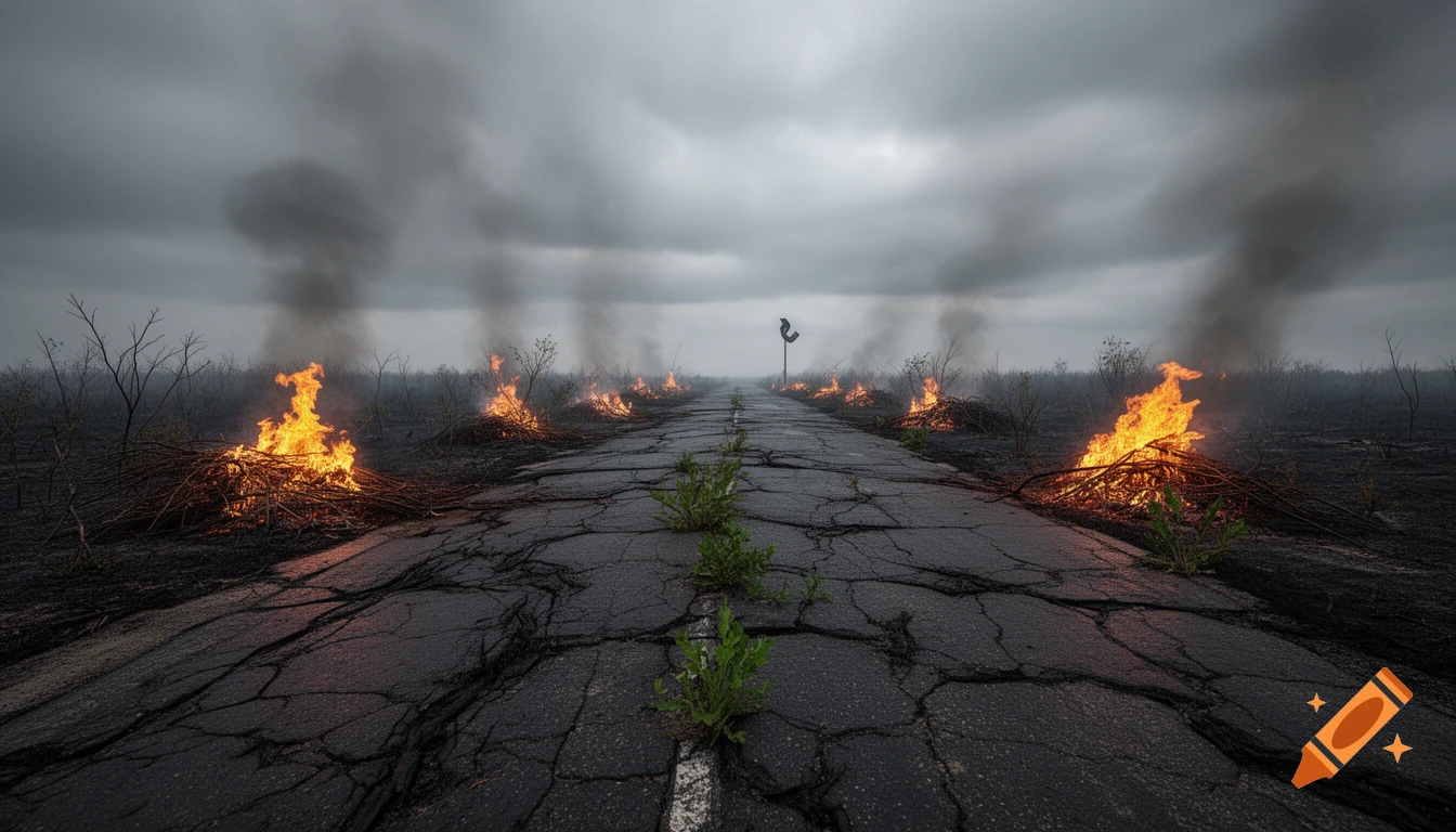 A cracked, burned blacktop road stretching into the distance under a stormy sky, flanked by piles of burning brush emitting smoke.