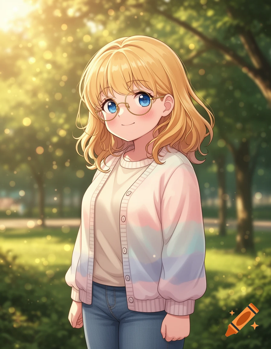 An anime girl with blonde hair, blue eyes, and glasses smiles in a sunny park, wearing a pastel cardigan and jeans.