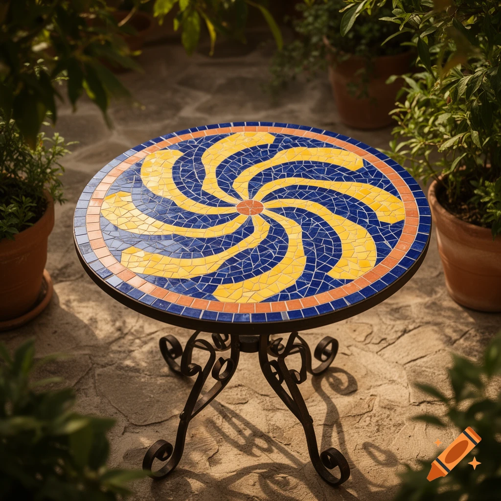 A round mosaic table with a blue and yellow swirl pattern, orange border, and black metal base on a stone patio surrounded by potted plants.