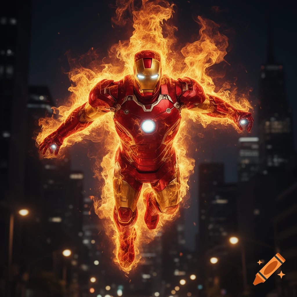 Iron Man, glowing and engulfed in intense flames, flies forward through a dark city at night.