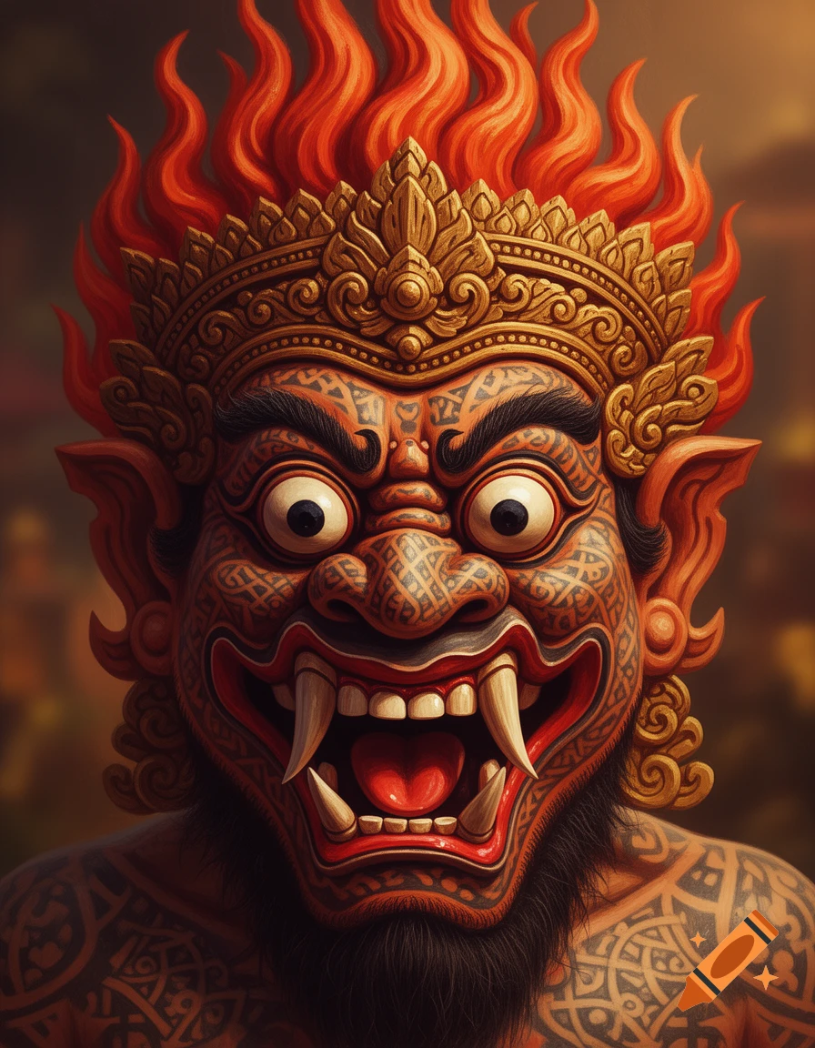 Stylized Balinese demonic mask with fiery red hair, bulging eyes, sharp fangs, a gold crown, and intricate patterns.