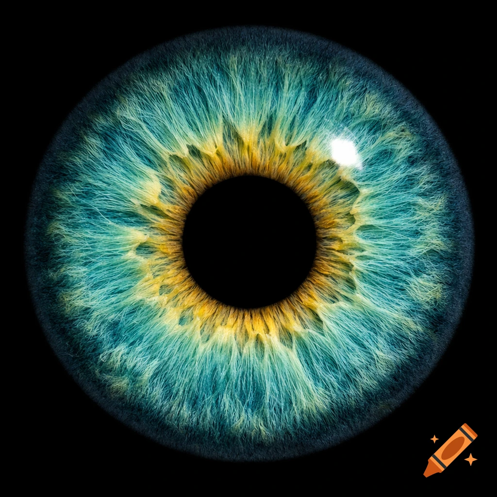 Ultra detailed macro photograph of a human iris with blue-green and golden-yellow colors on a pure black background.