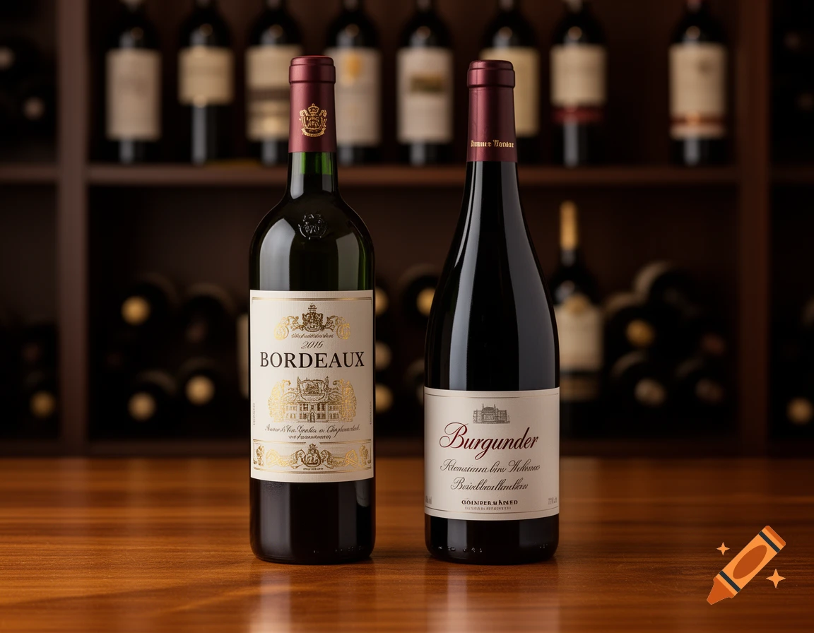 Two bottles of red wine, one labeled "Bordeaux" and the other "Burgunder," stand on a wooden table with a blurred wine rack in the background.