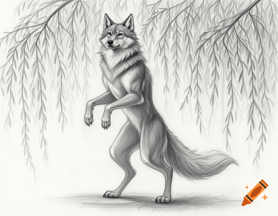 A black and white pencil sketch of a bipedal humanoid wolf standing on its hind legs beneath flowing willow branches.