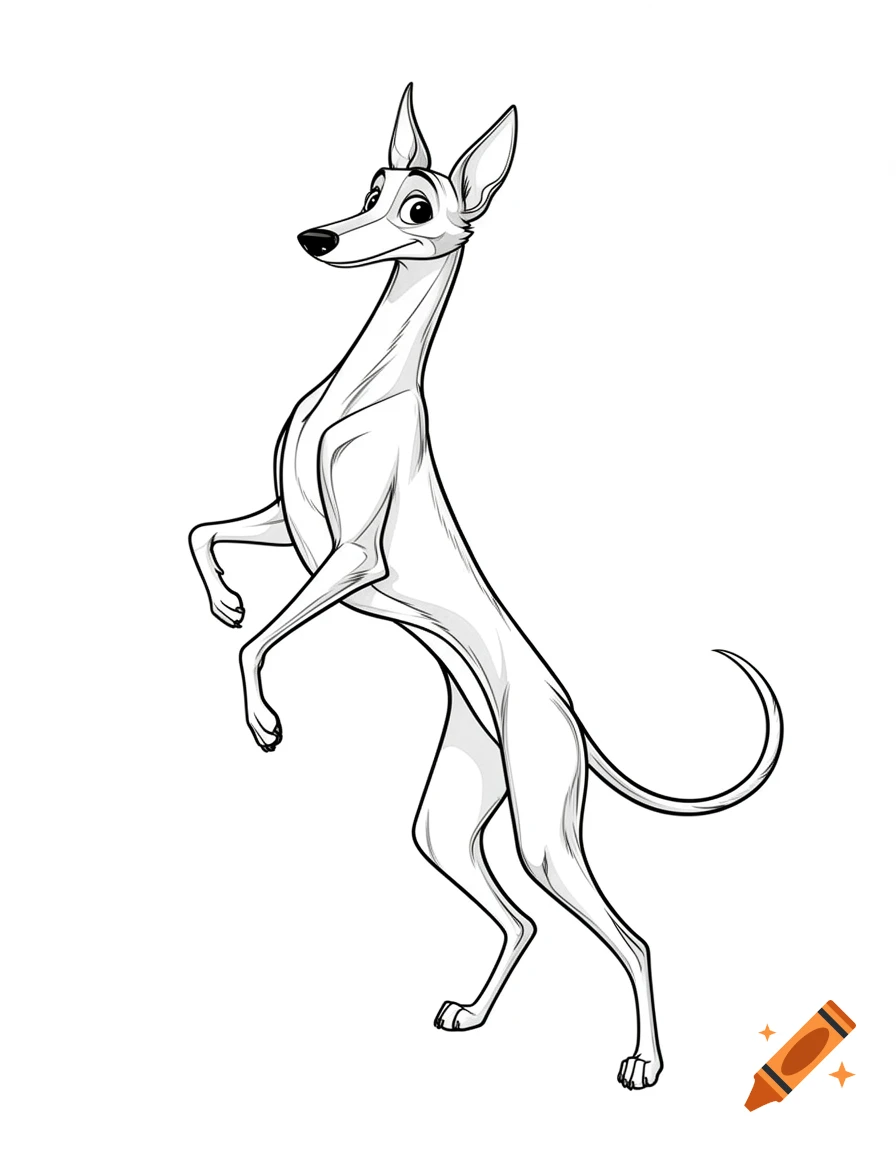 A tall, slender cartoon greyhound stands on its hind legs, drawn in a clean line art style suitable for a coloring page.