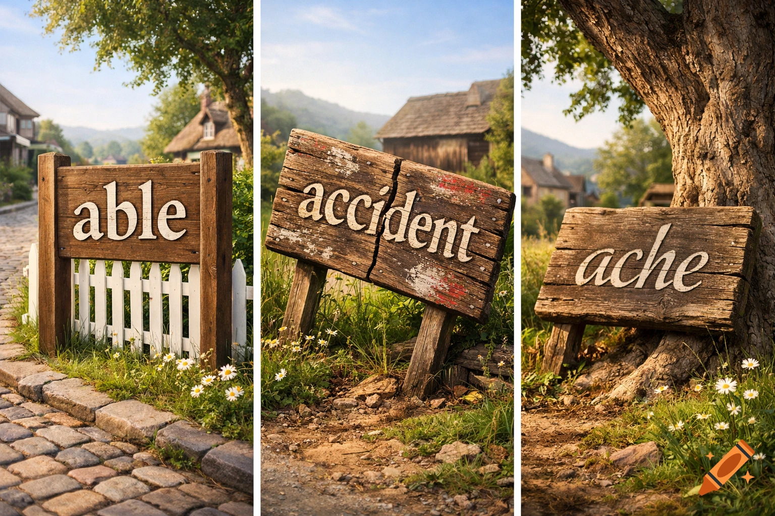 Three rustic wooden signs in a verdant landscape: one reads 'able', one cracked sign reads 'accident', and one against a tree reads 'ache'.