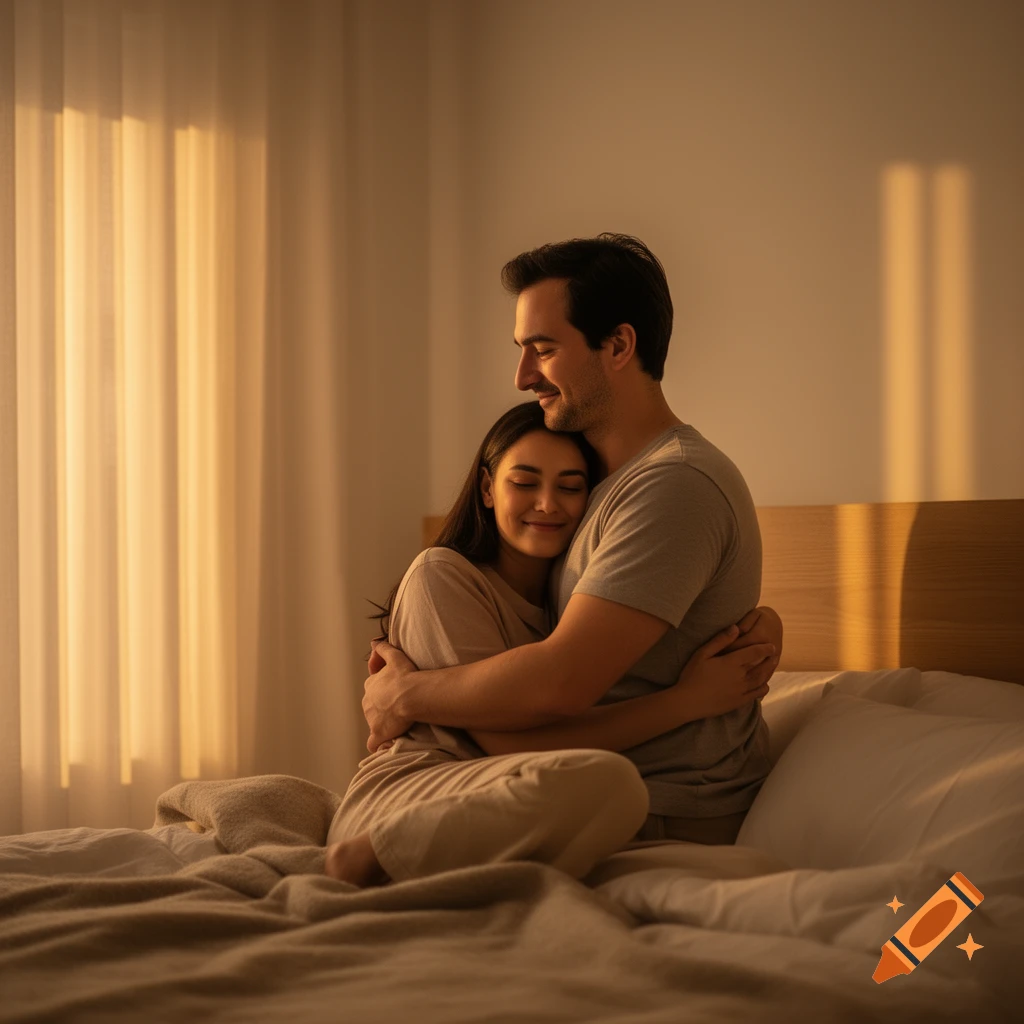 A man and woman embrace intimately on a bed in warm, natural light.