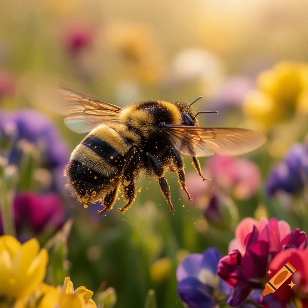 A close-up, photorealistic image of a fluffy bumblebee covered in pollen, flying through a sunlit field of vibrant, colorful wildflowers.