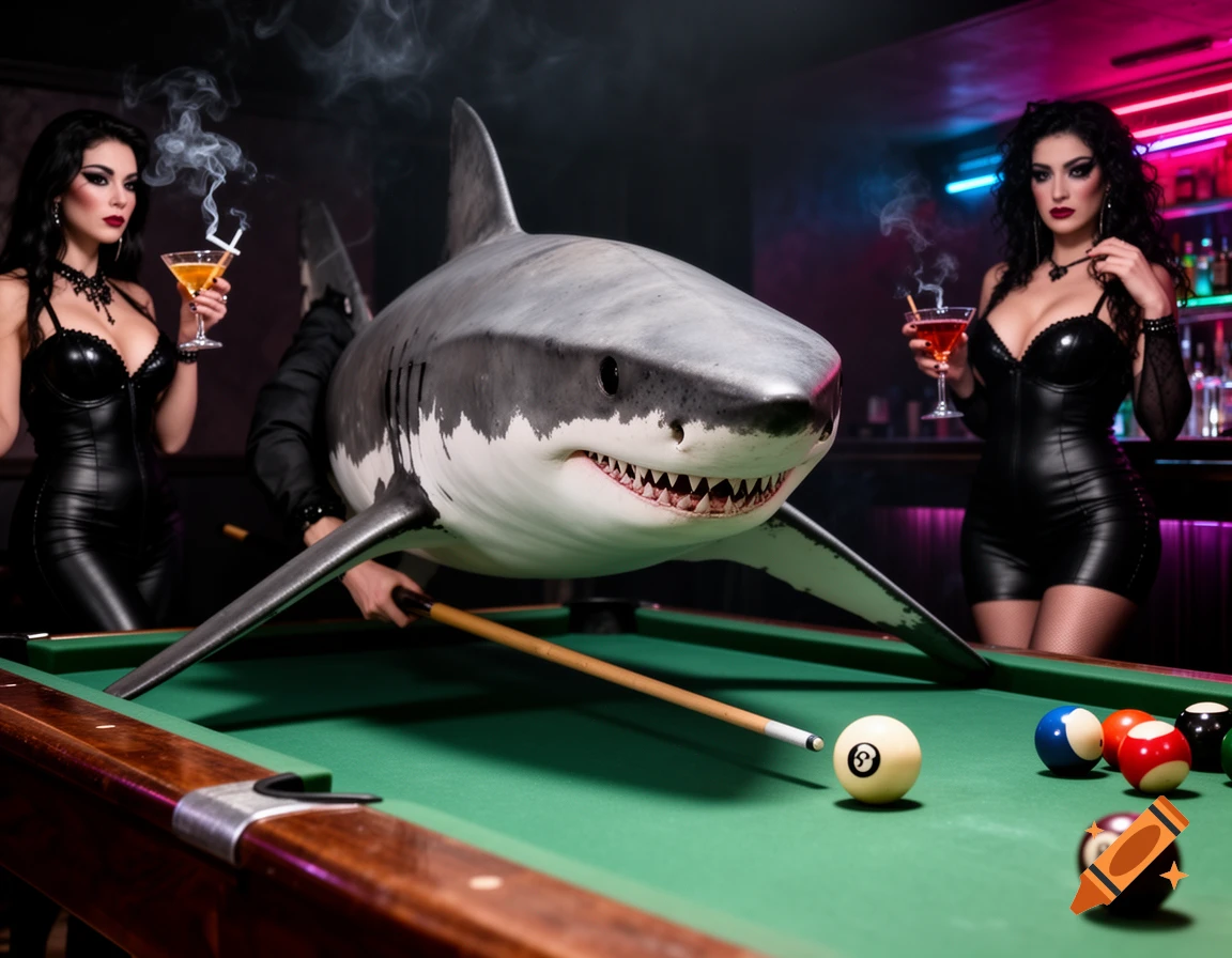 A shark in a bar holds a pool cue, aiming at the 8-ball on a pool table, flanked by two goth women in tight black outfits, smoking and drinking.