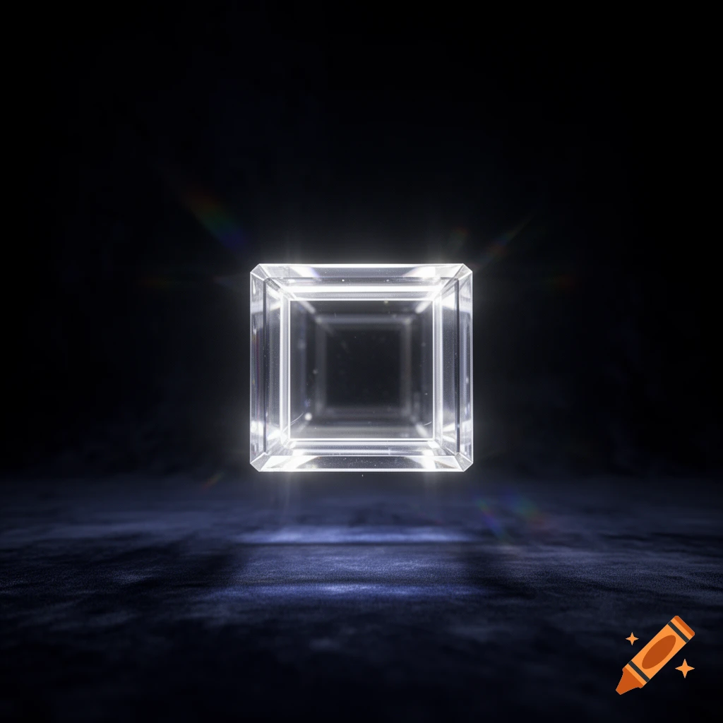 A glowing, transparent cube floats in a dark, shadowy room with cinematic lighting.