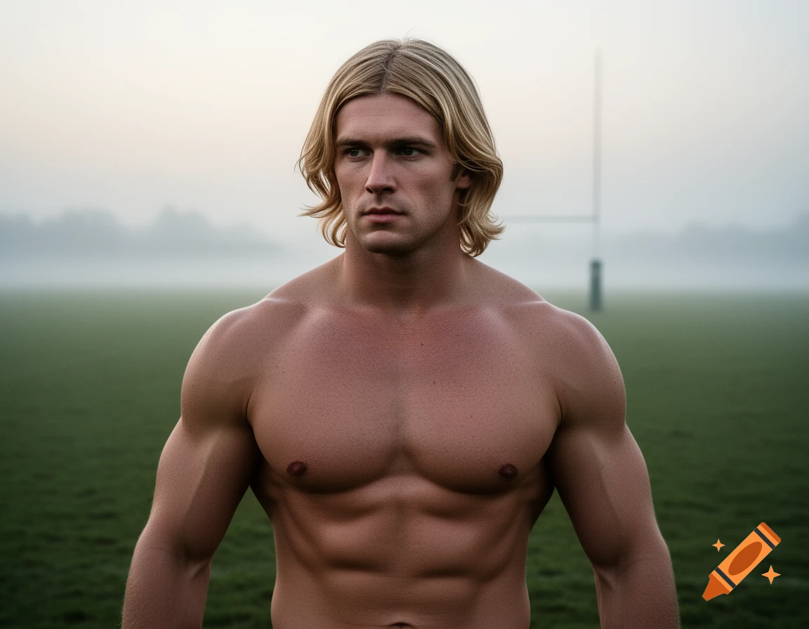 A muscular, shirtless man with blond hair stands on a foggy green rugby field with goalposts in the background.