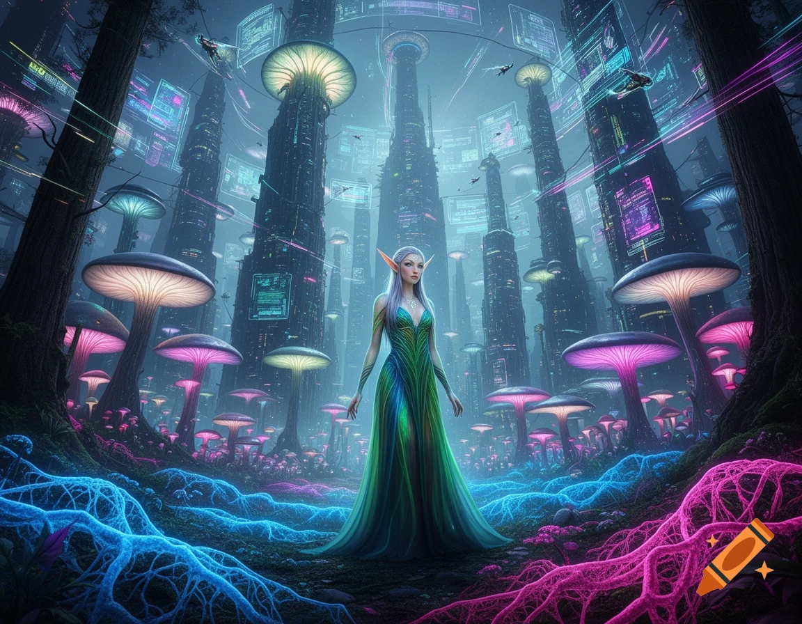 A forest elf woman in a green gown stands in a glowing cyberpunk mushroom forest city with tall buildings.