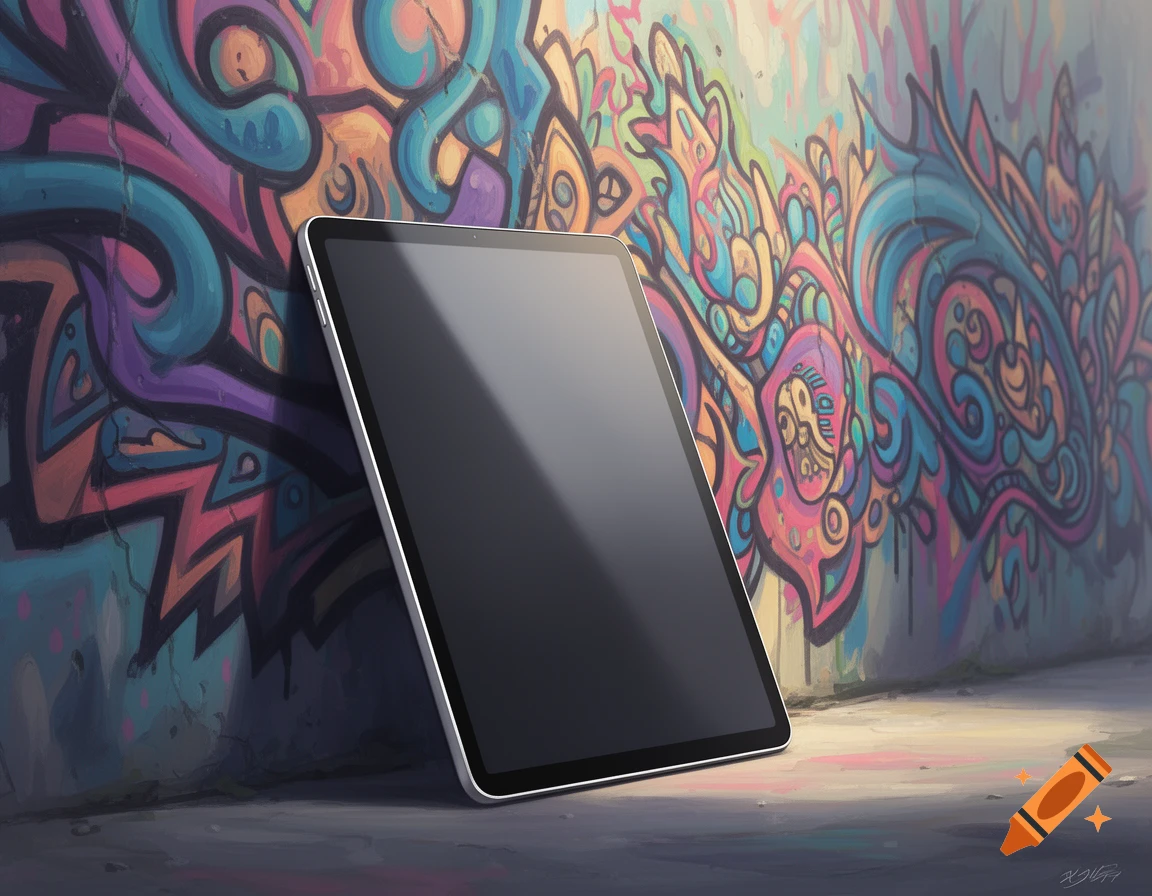 An iPad leans against a vibrant, colorful graffiti-covered wall, bathed in soft lighting, in a semi-realistic, modern style.
