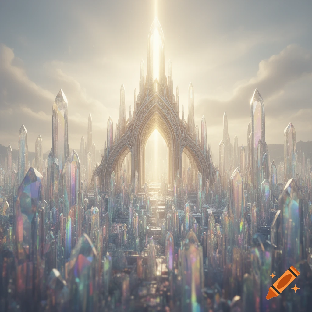 A majestic crystal city and temple bathed in intense light under a cloudy sky.