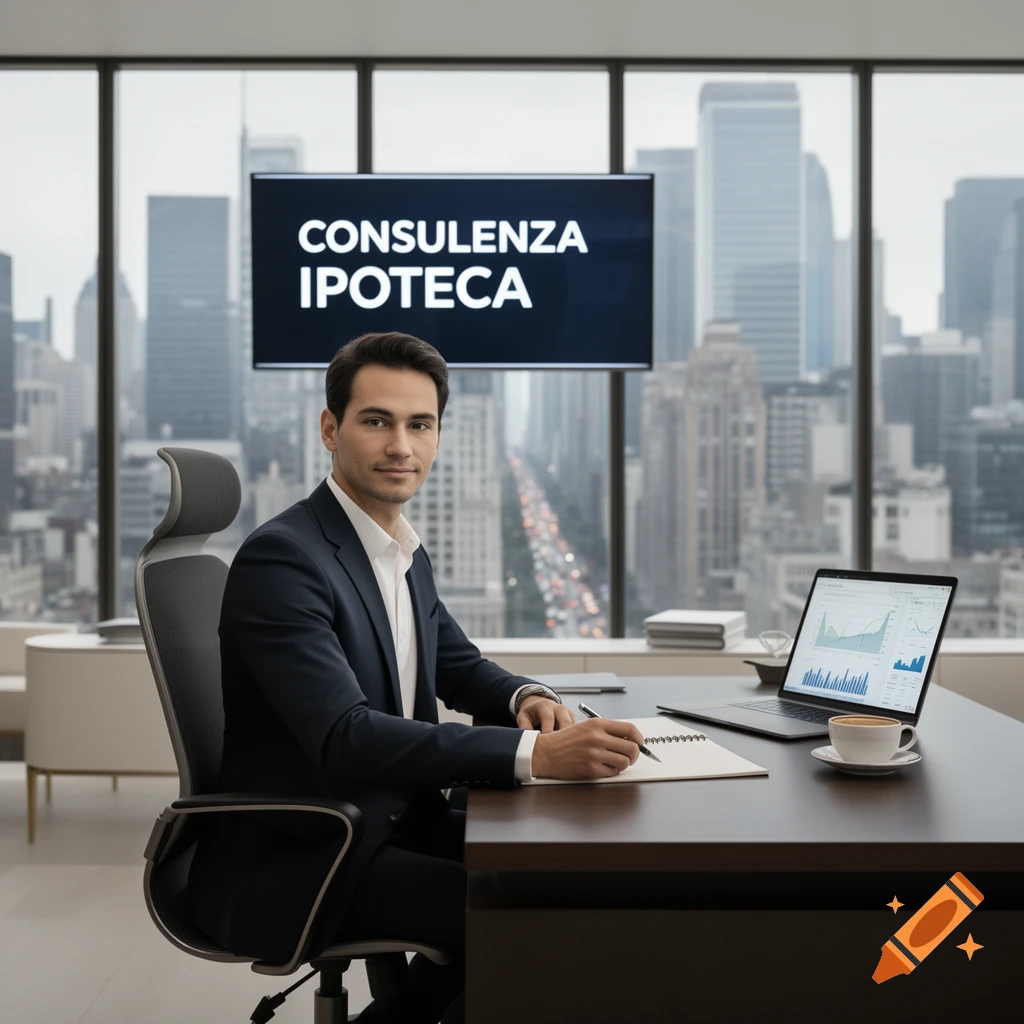 A man in a suit works at a desk in a modern office with a city view and a screen displaying "CONSULENZA IPOTECA".