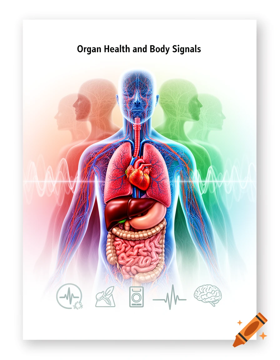 An anatomical illustration of internal organs (heart, lungs, intestines ...