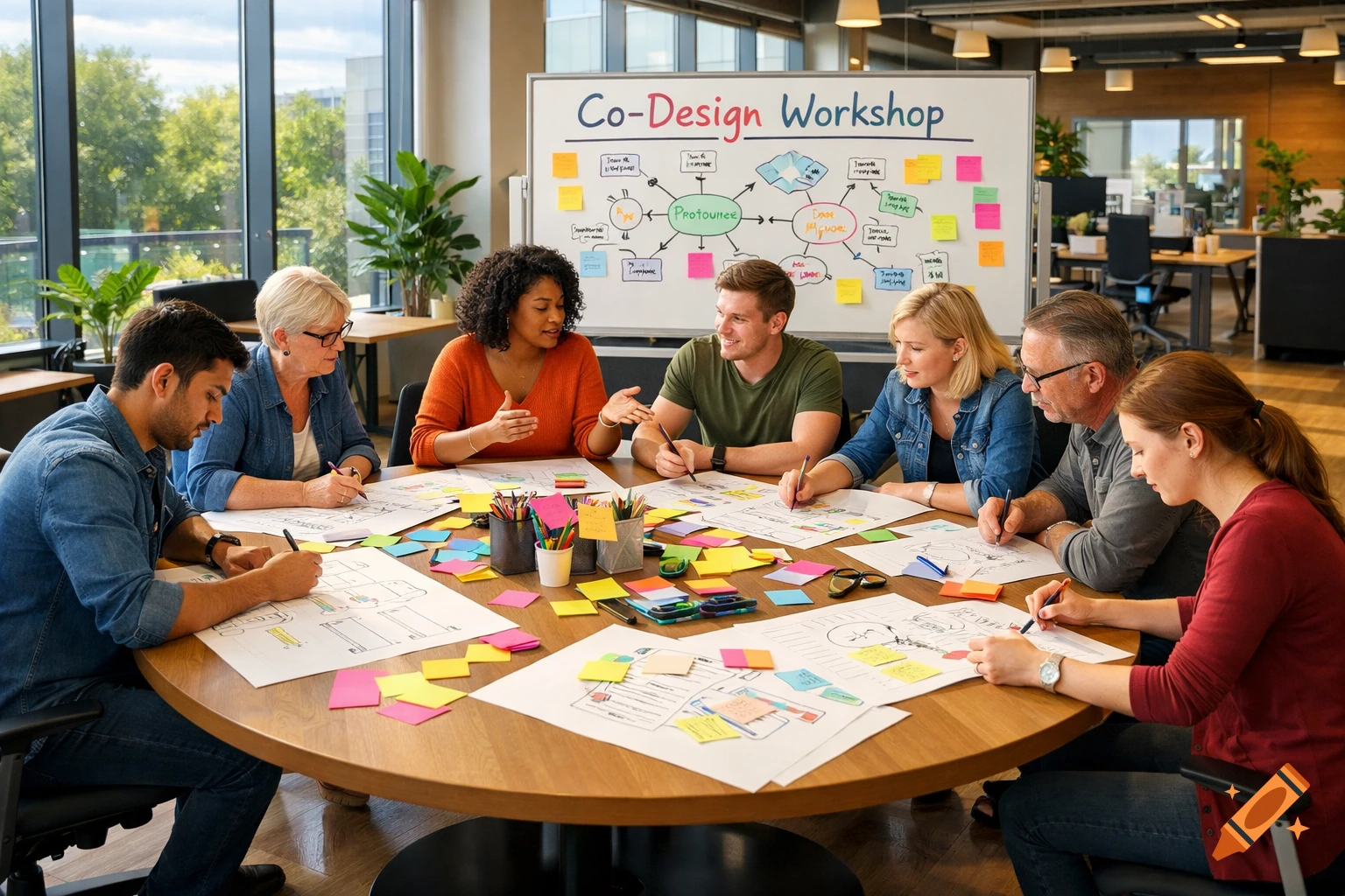 Diverse group of six professionals collaborates at a round table, drawing and brainstorming during a co-design workshop in a modern office.