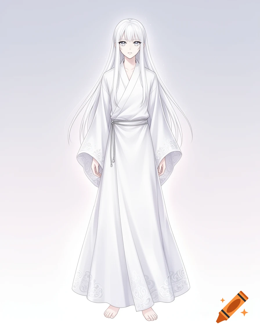Anime illustration of a pale girl with long white hair and a white kimono-style robe, standing barefoot.