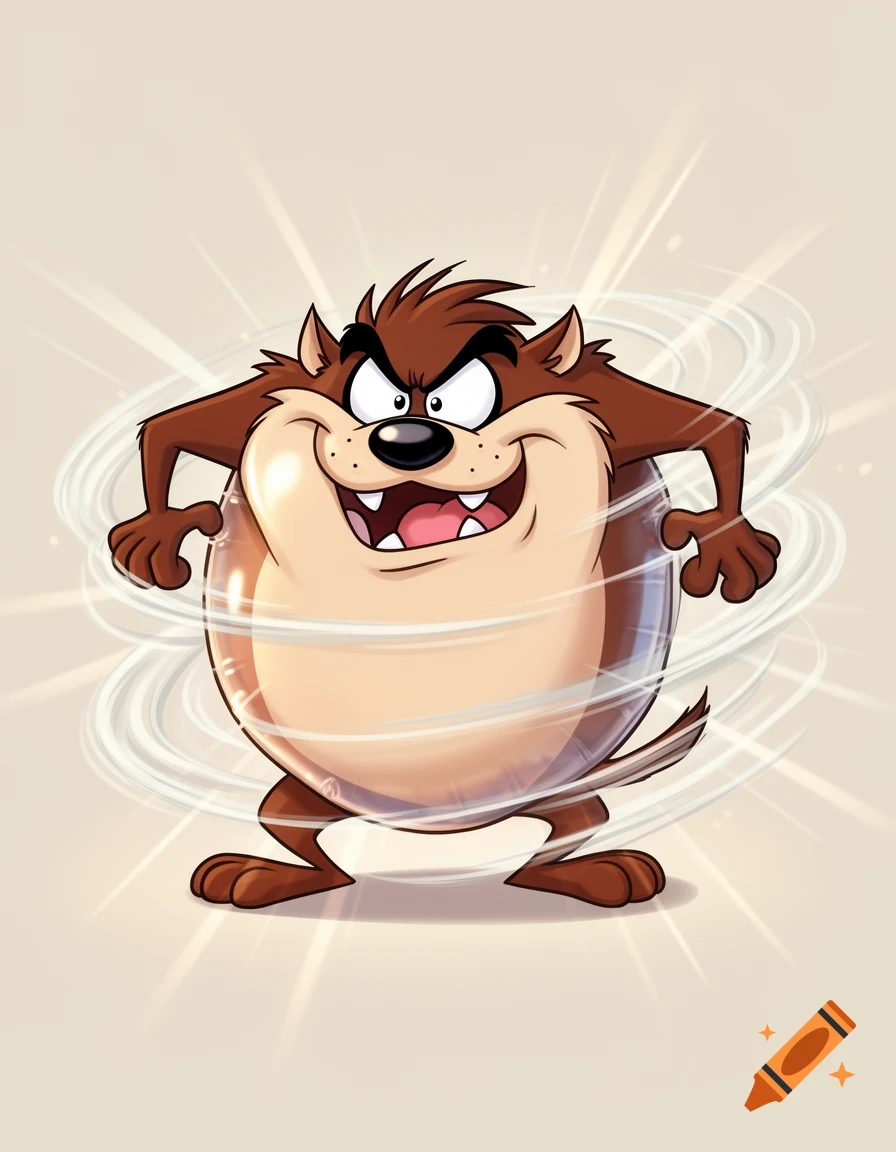 A cartoon illustration of a plump Taz the Tasmanian Devil, with a mischievous expression, surrounded by white swirling motion lines.