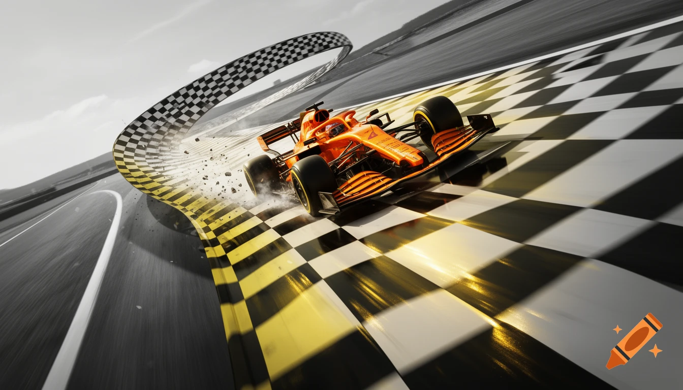 An orange formula race car speeds around a track made of a checkered banner, creating dynamic motion blur.