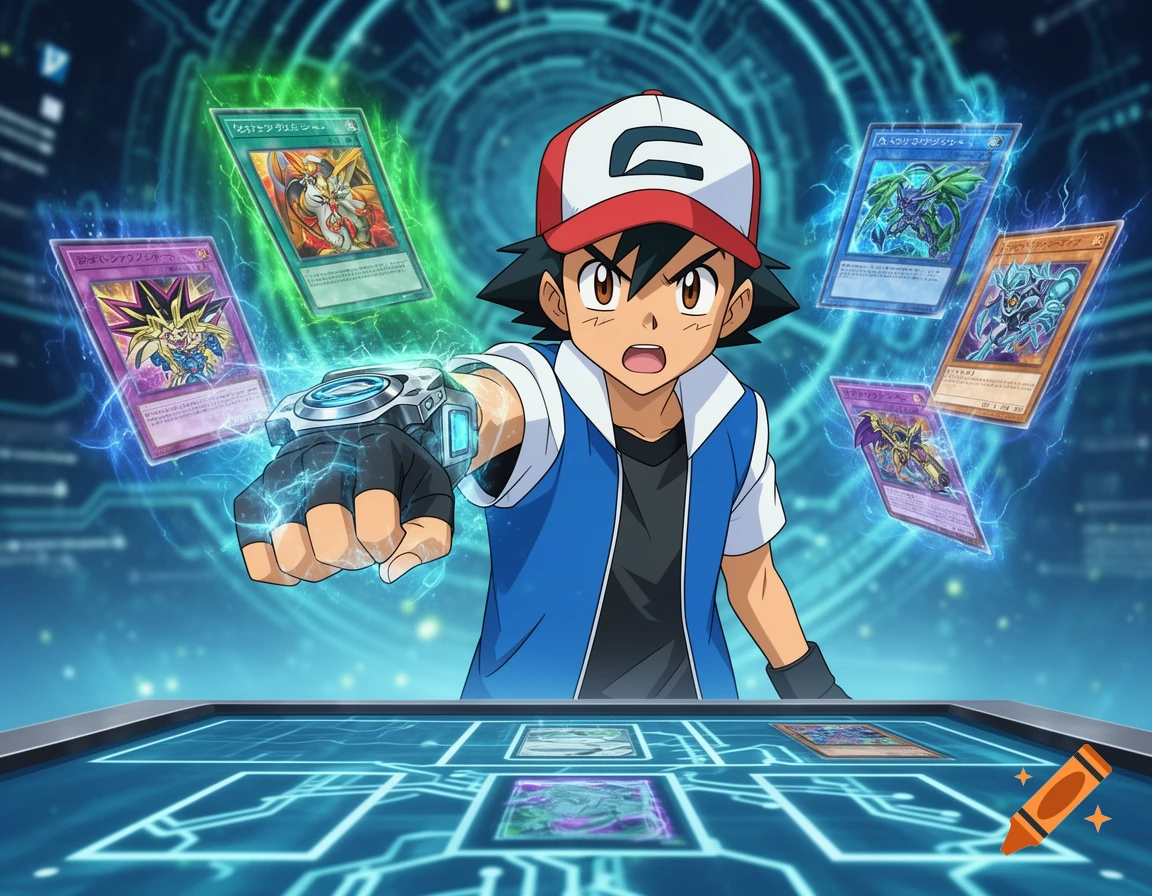 Ash Ketchum playing a holographic card game, with Yu-Gi-Oh style cards floating around his outstretched hand wearing a futuristic device.