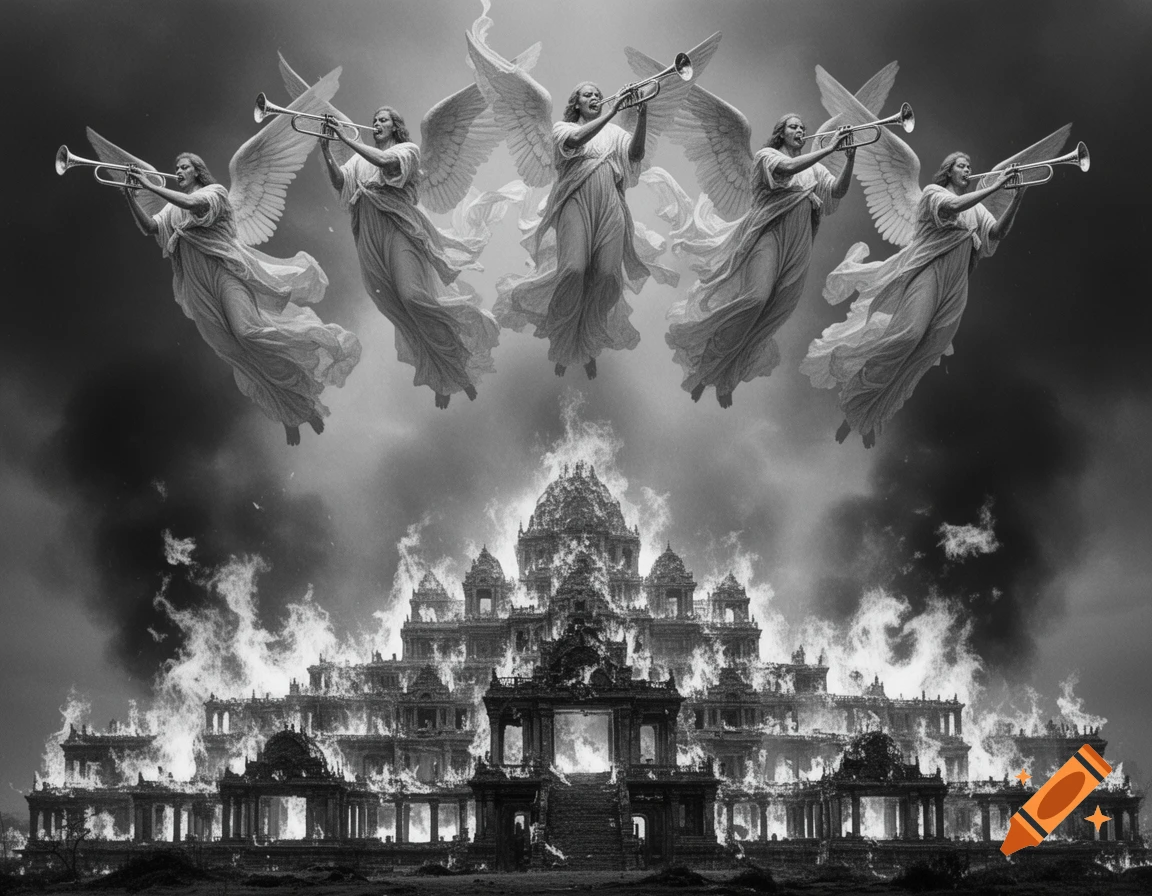 Five angels with large wings float above a massive temple complex engulfed in flames, all rendered in a dramatic black and white style.