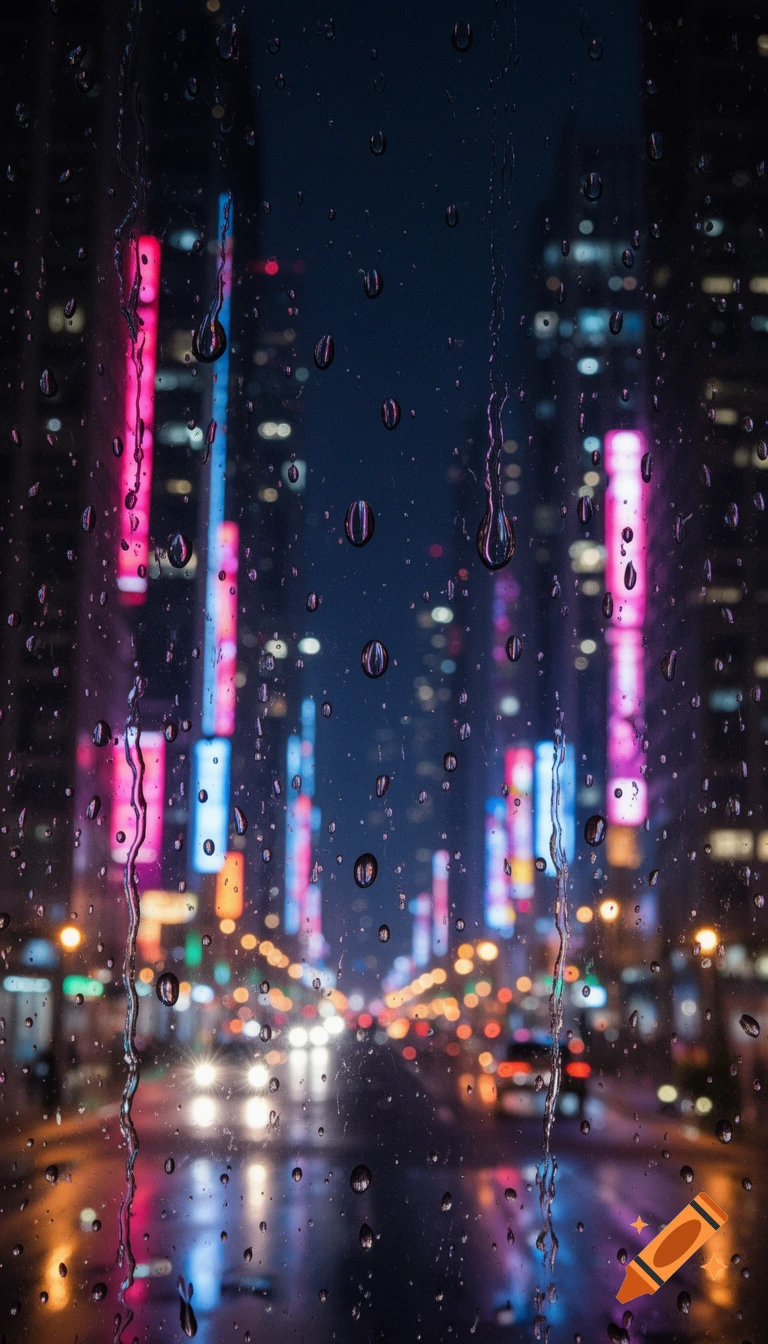 Photorealistic image of a vibrant city street at night, seen through a rain-streaked window with prominent water droplets.