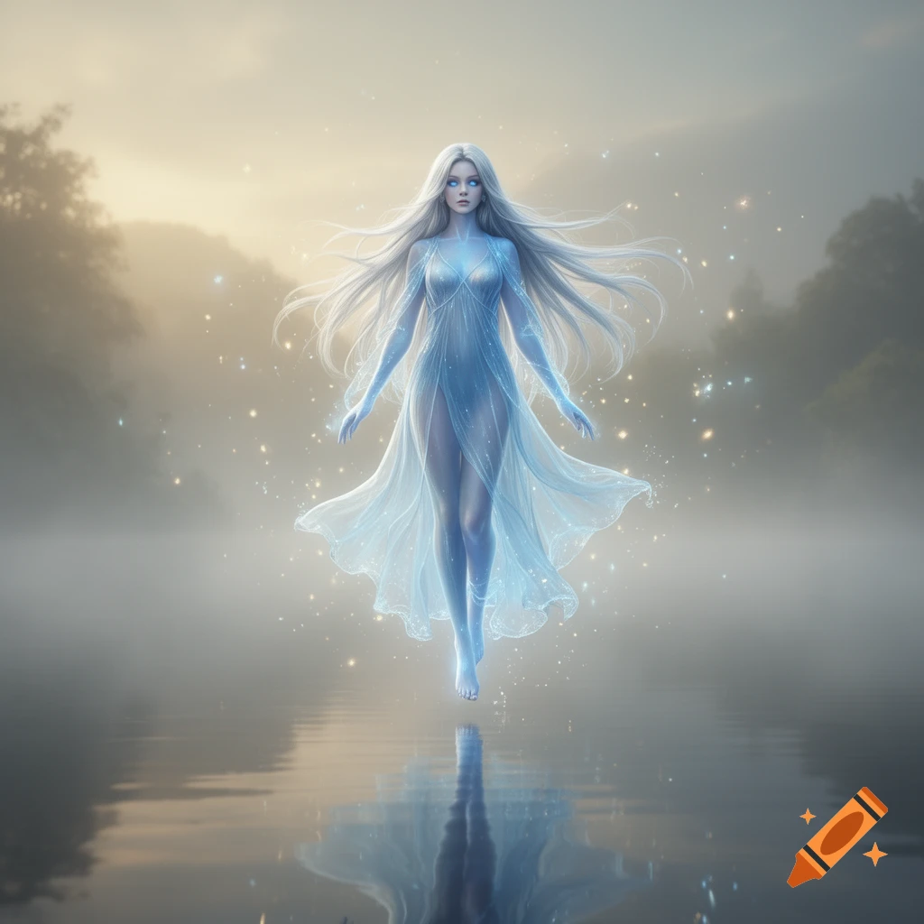 An ethereal woman with glowing blue skin and long white hair hovers above a misty lake, surrounded by magical lights, in a photorealistic fantasy style.