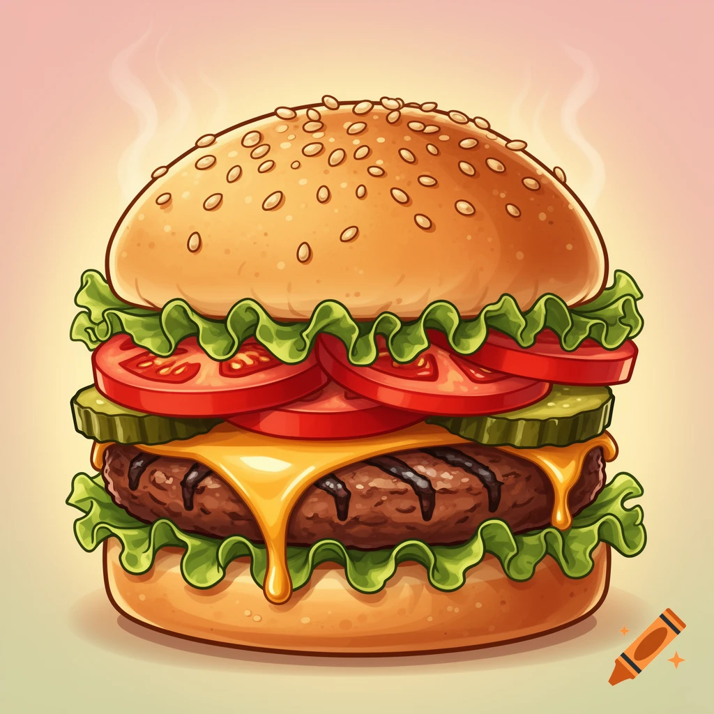 Steaming cartoon burger with cheese, lettuce, tomatoes, and pickles on a sesame seed bun.