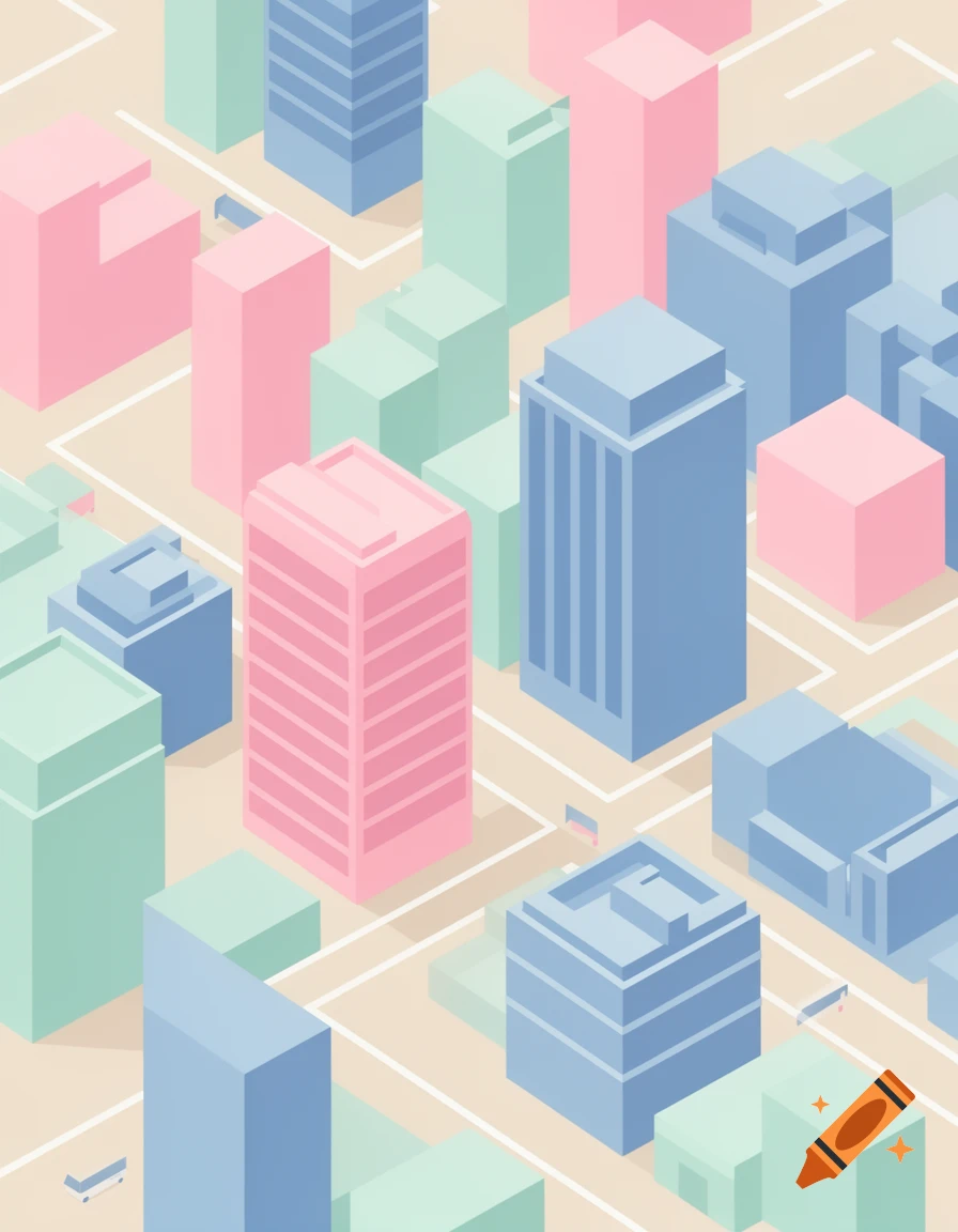 Abstract isometric cityscape with pastel pink, blue, and mint green buildings and white street lines on a beige background.
