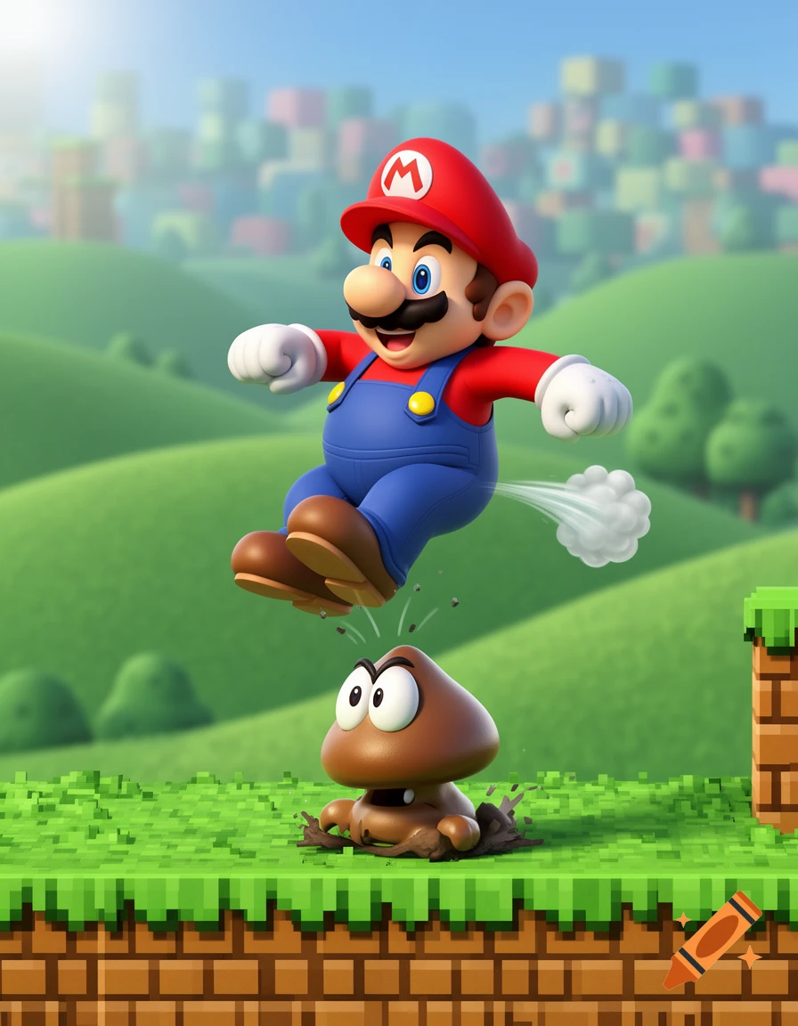 A 3D rendered, cartoonish Mario jumps, stomping on a Goomba while a fart cloud appears behind him in a colorful, pixelated green landscape.