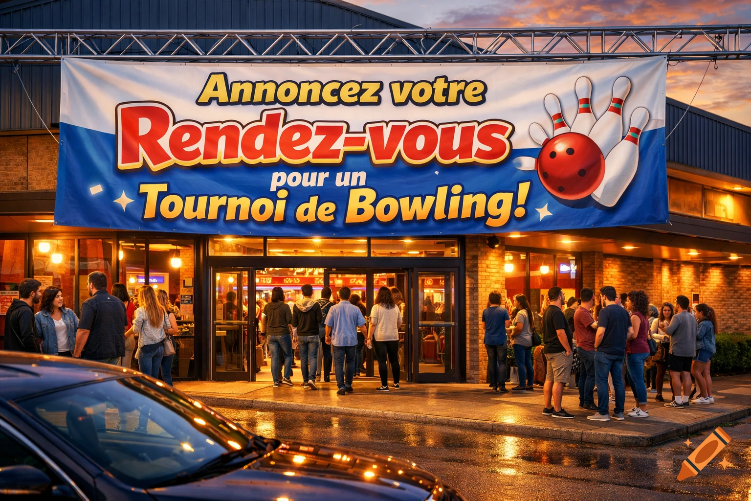 A photorealistic image of people gathered outside a bowling alley at dusk, with a large banner above the entrance inviting for a bowling tournament.