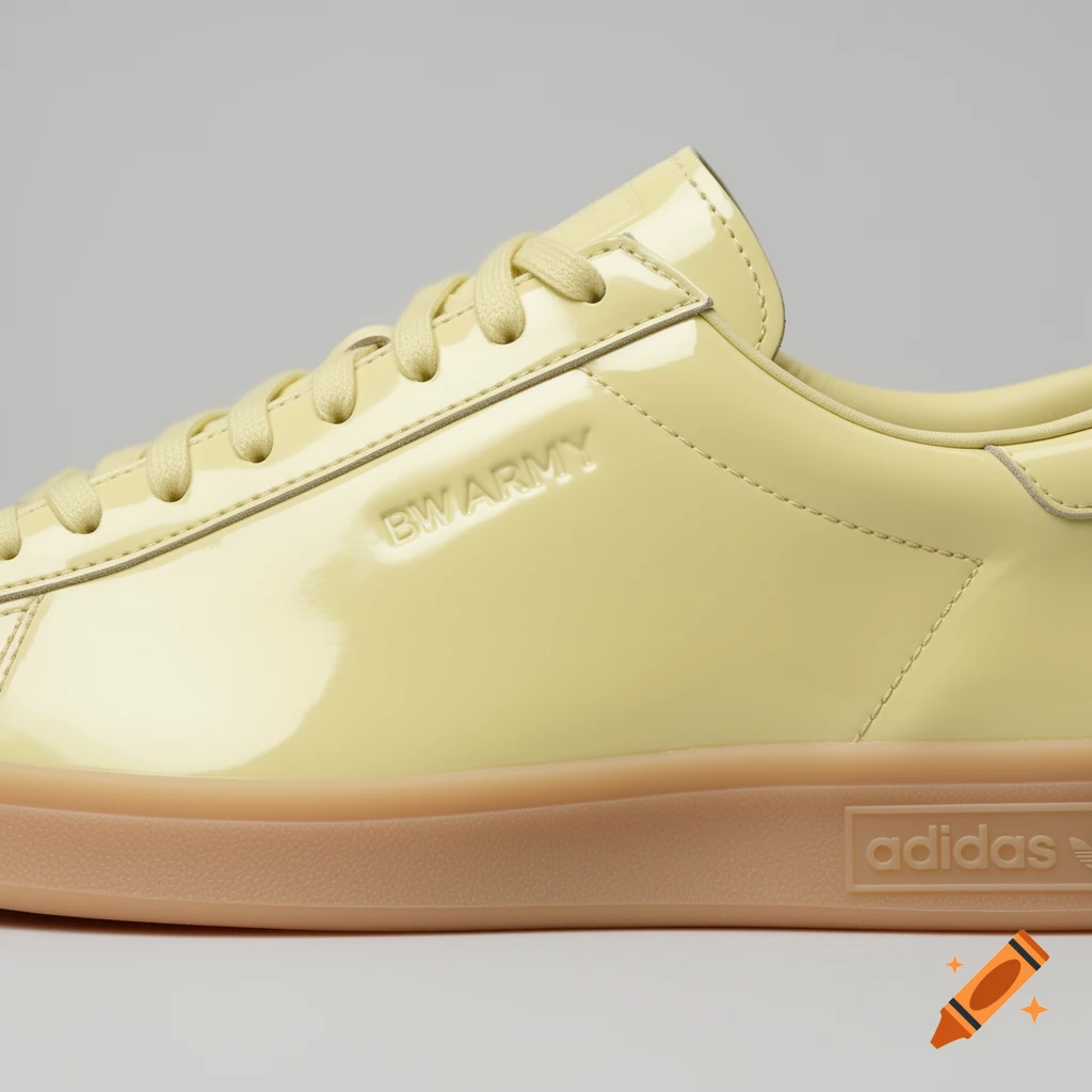Close-up of a pastel yellow patent leather Adidas BW Army sneaker with a light gum sole.