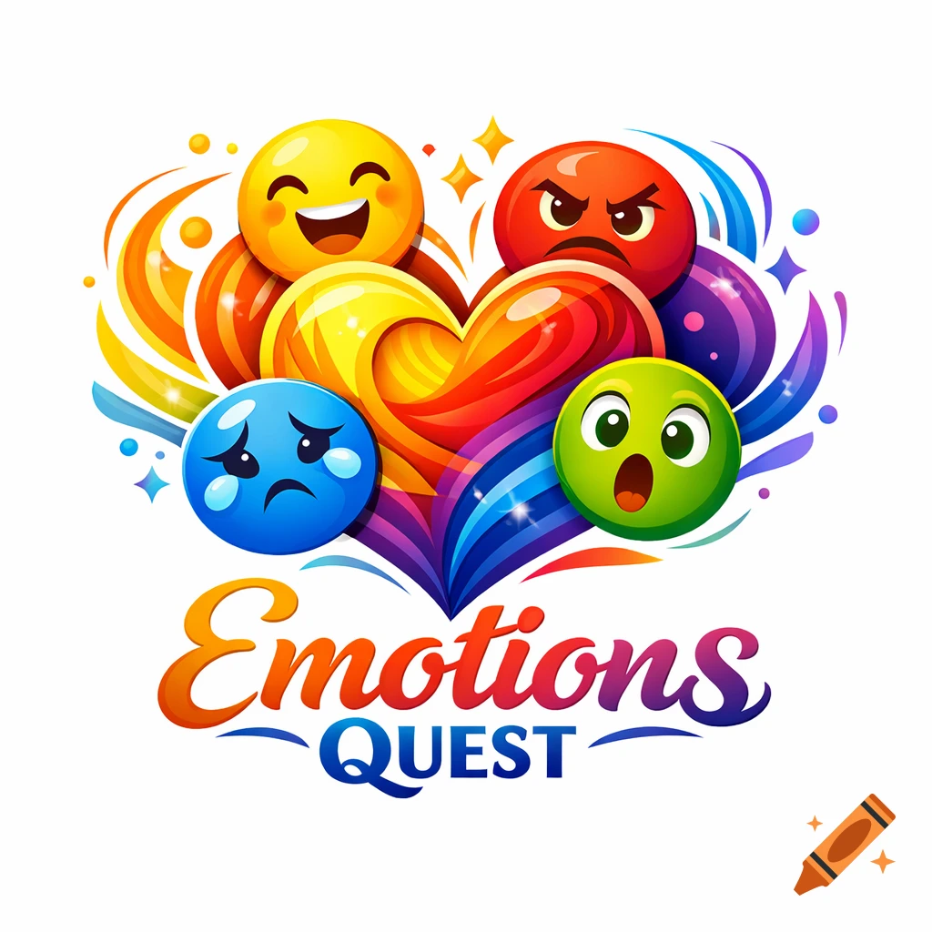 A colorful logo featuring a heart and various emojis (happy, angry, sad, surprised) with the text 'Emotions QUEST'.