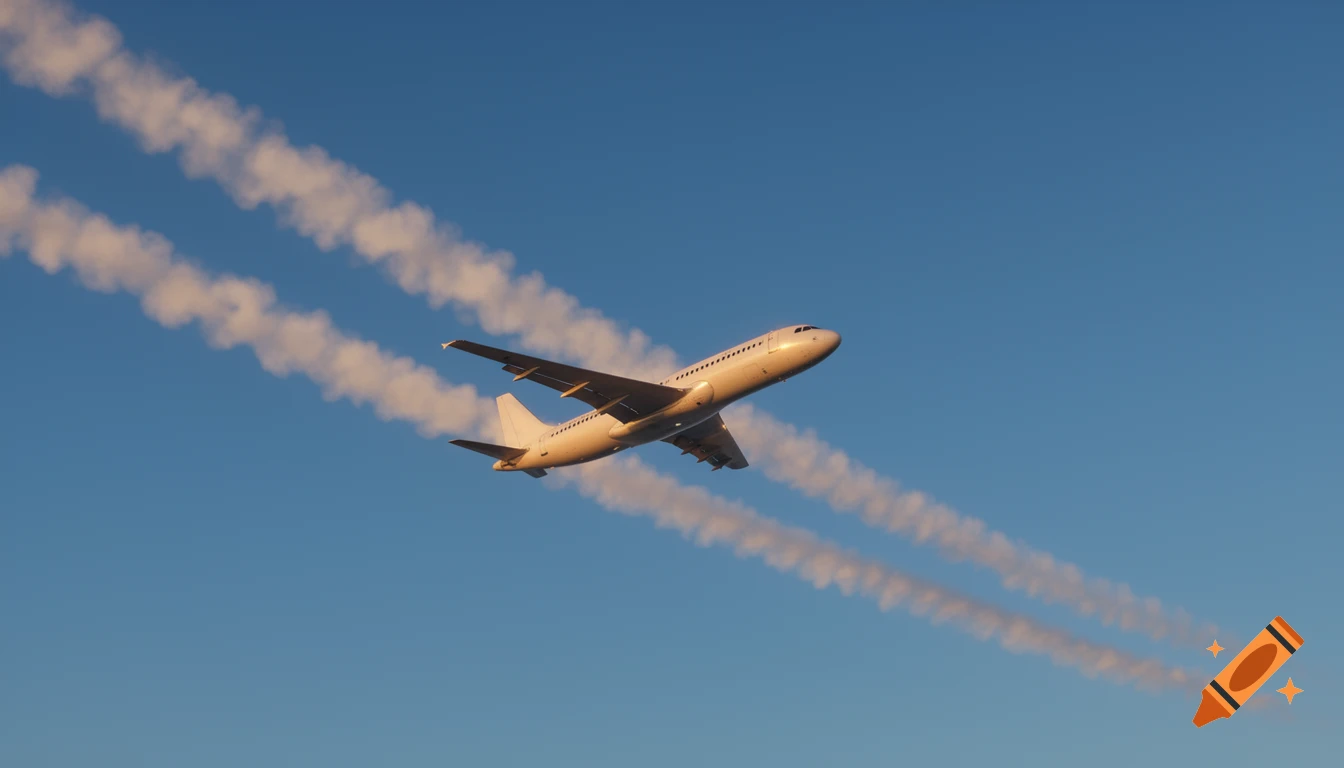 A white airplane ascends in a clear blue sky, leaving two distinct white contrails behind it.